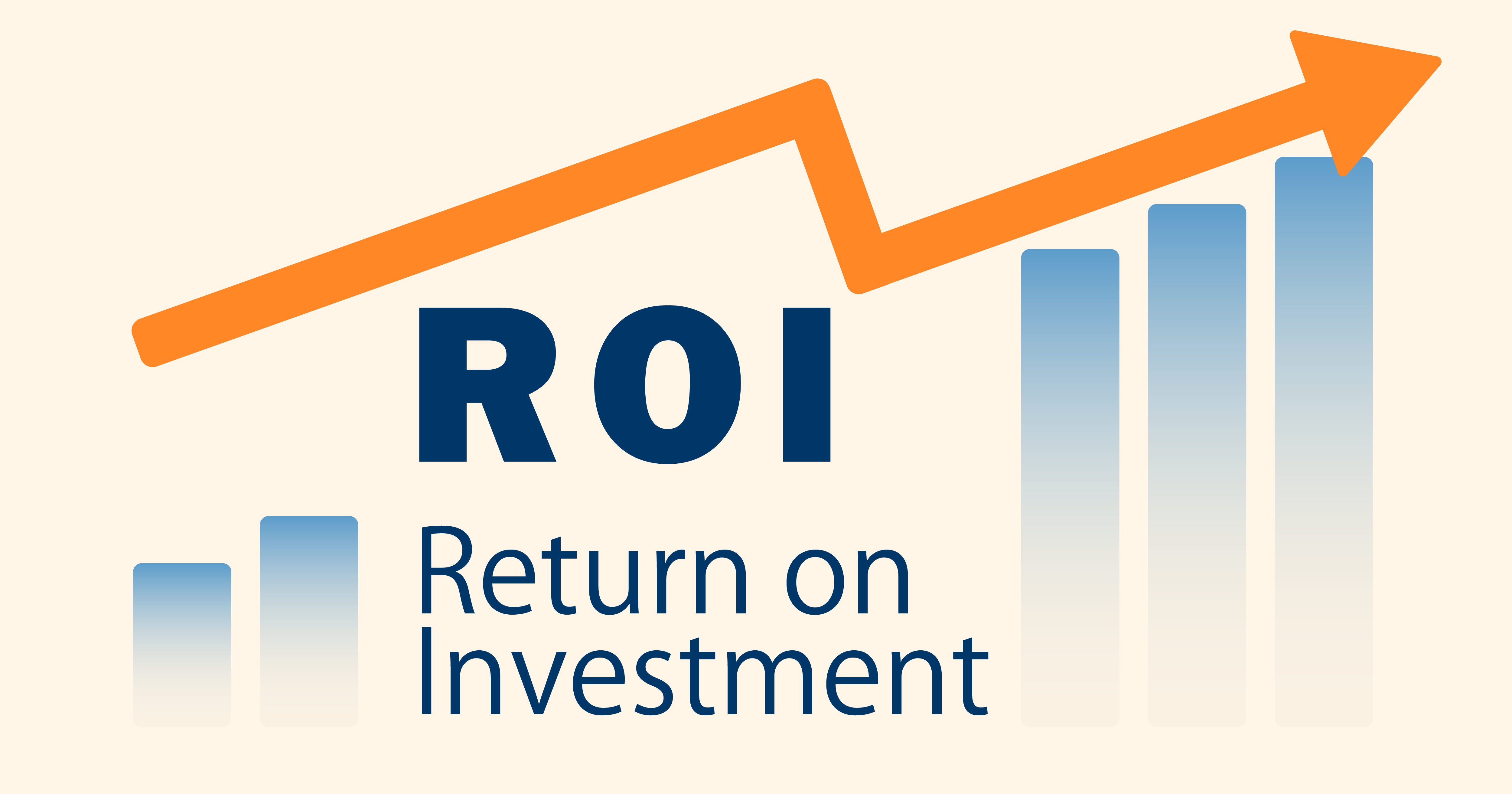 ROIのイメージ：上昇する棒グラフとROIの文字（ビジネス向けミニマルデザイン）